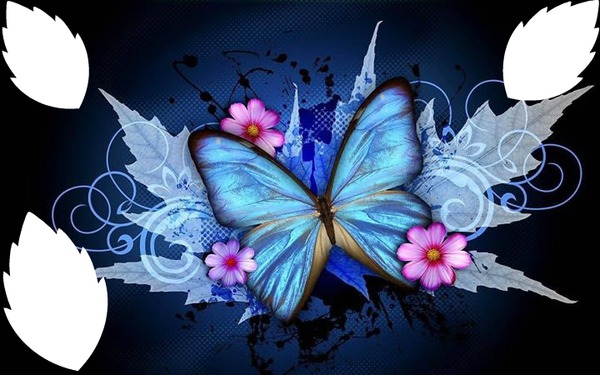 papillon bleuavec fleurs  3 photos Fotomontaż