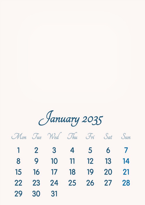 January 2035 // 2019 to 2046 // VIP Calendar // Basic Color // English Fotomontāža