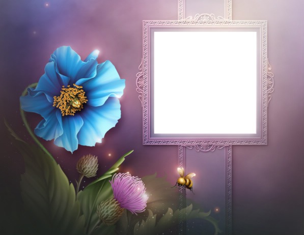 Cadre mauve-fleur bleue-abeille Fotomontaż