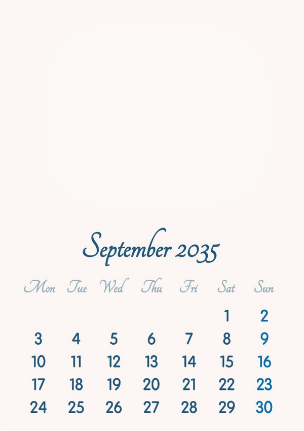 September 2035 // 2019 to 2046 // VIP Calendar // Basic Color // English Photomontage