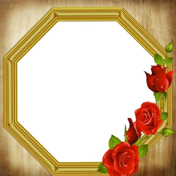 marco octogonal y rosas rojas. Fotomontāža