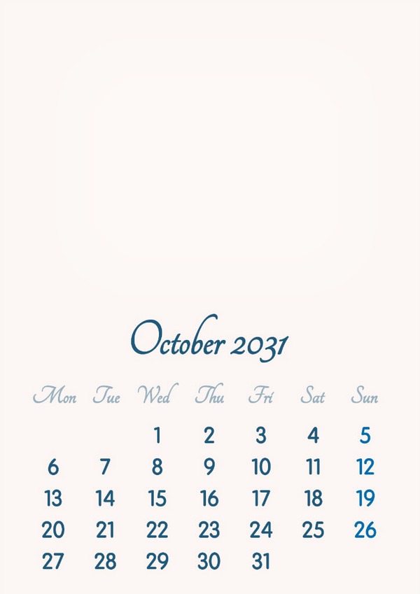 October 2031 // 2019 to 2046 // VIP Calendar // Basic Color // English Montaje fotografico
