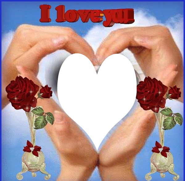 I Love You avec mains qui forment un coeur et 2 roses  1 photo フォトモンタージュ