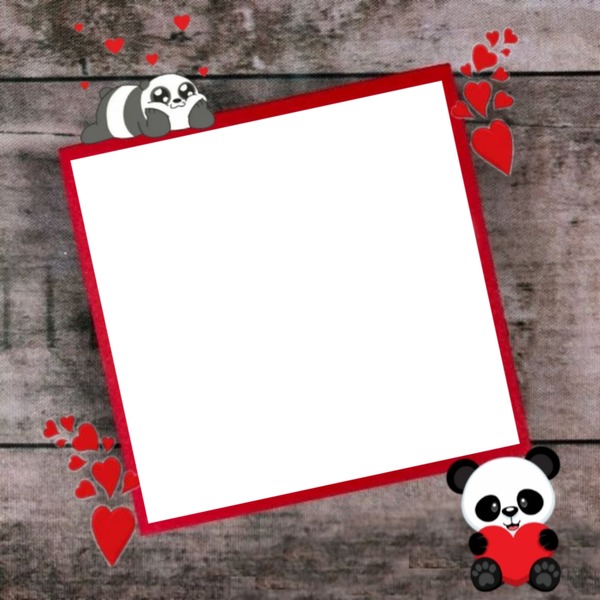 marco sobre madera,detalle pandas y corazones. Photo frame effect