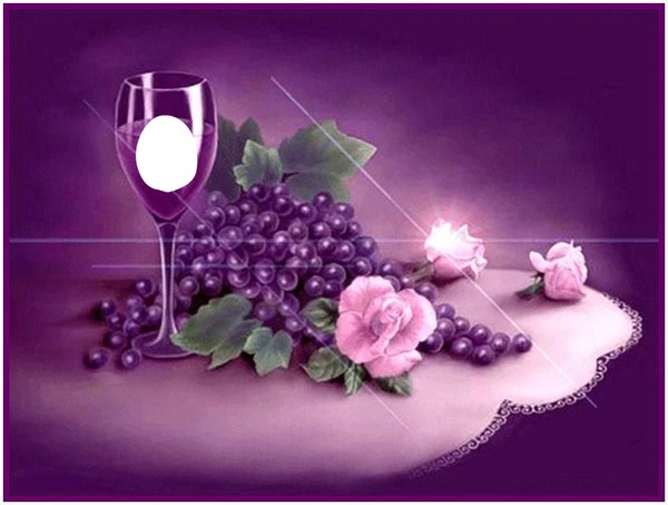 purple wine glass grapes roses Photo frame effect