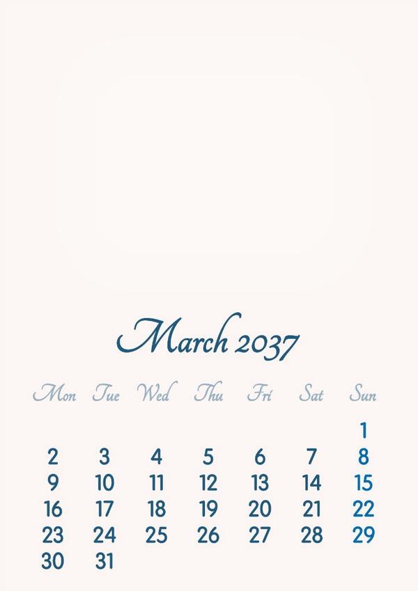 March 2037 // 2019 to 2046 // VIP Calendar // Basic Color // English Fotomontaža