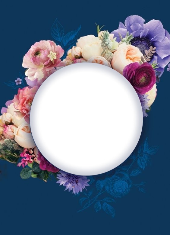 marco circular con flores, fondo azul Fotomontagem