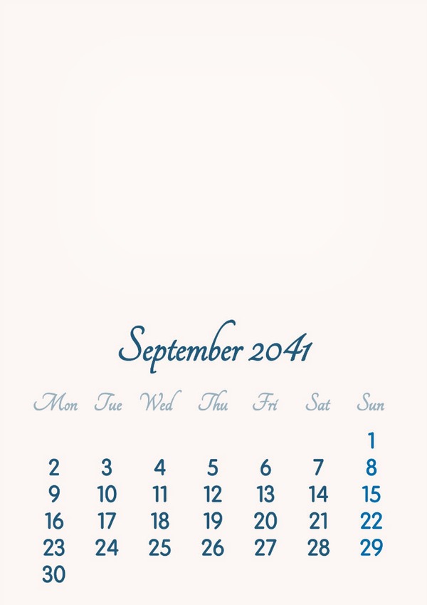 September 2041 // 2019 to 2046 // VIP Calendar // Basic Color // English Photomontage