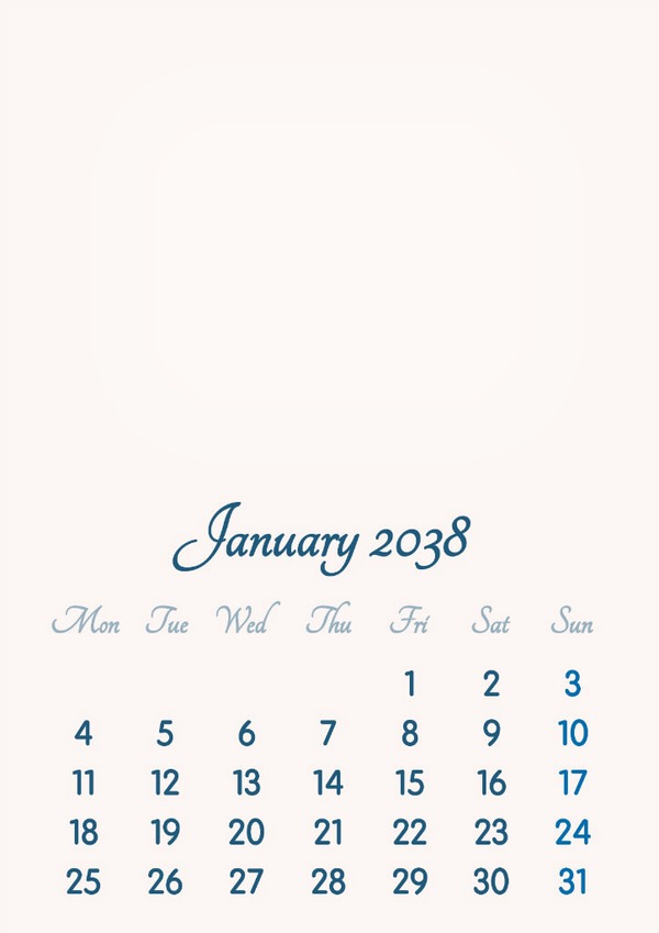 January 2038 // 2019 to 2046 // VIP Calendar // Basic Color // English Photomontage