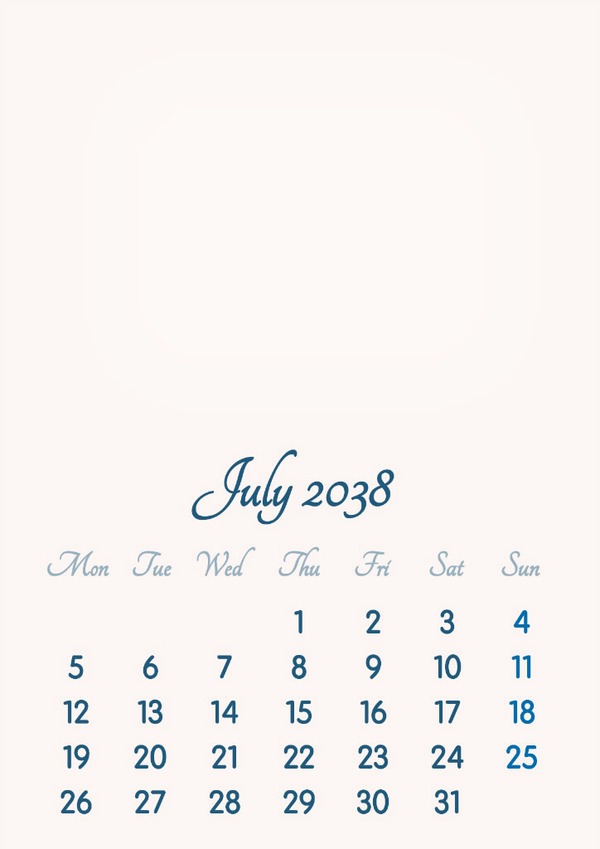 July 2038 // 2019 to 2046 // VIP Calendar // Basic Color // English Montaje fotografico