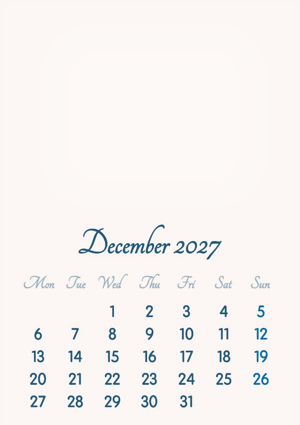 December 2027 // 2019 to 2046 // VIP Calendar // Basic Color // English Fotomontāža