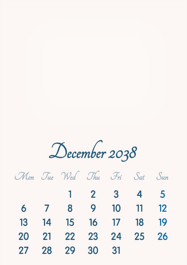 December 2038 // 2019 to 2046 // VIP Calendar // Basic Color // English Fotomontáž