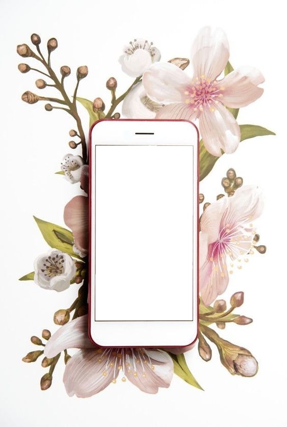 celular, sobre flores. Photo frame effect