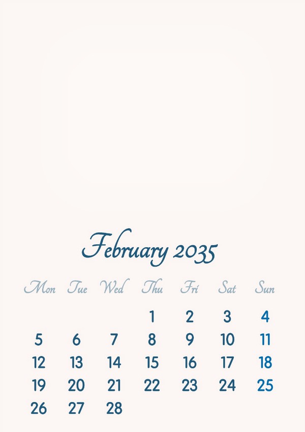 February 2035 // 2019 to 2046 // VIP Calendar // Basic Color // English Fotomontažas