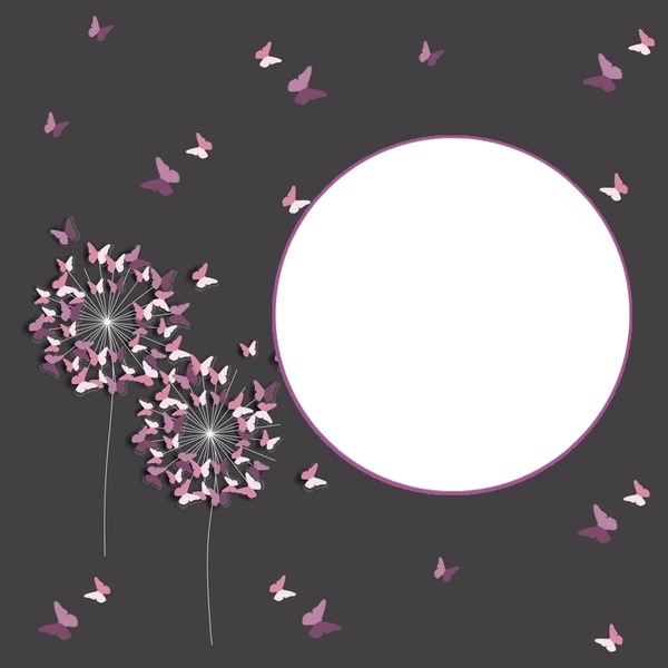 marco circular y mariposas lila. Fotomontáž
