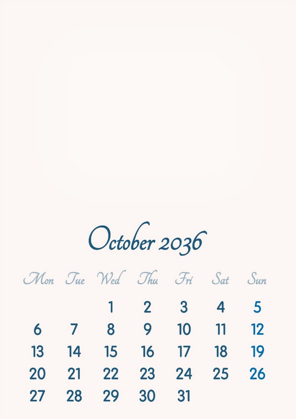 October 2036 // 2019 to 2046 // VIP Calendar // Basic Color // English Фотомонтаж