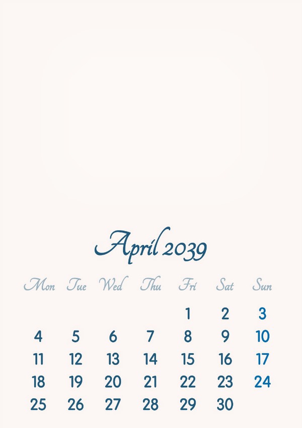 April 2039 // 2019 to 2046 // VIP Calendar // Basic Color // English Fotomontagem