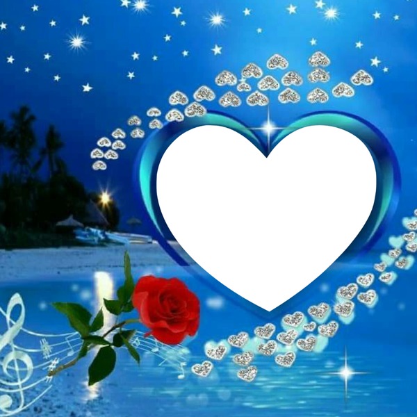 corazón entre corazoncitos plateados una rosa y nota musical, fondo azul Photo frame effect