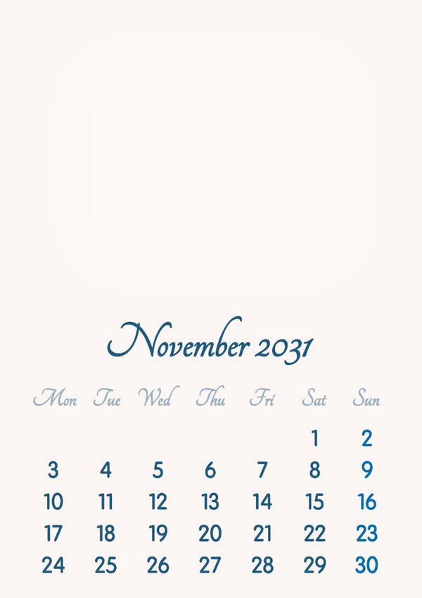 November 2031 // 2019 to 2046 // VIP Calendar // Basic Color // English Fotomontage