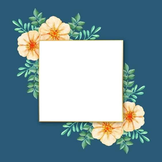 marco y flores, fondo azul. Fotomontage
