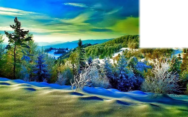 Paysage d'hiver avec neige Photo frame effect