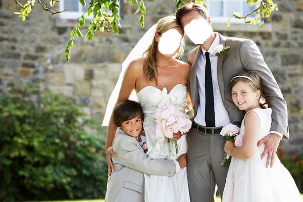 Bride And Groom With flower girl And Page Boy At Wedding Smiling To Camera Photo frame effect