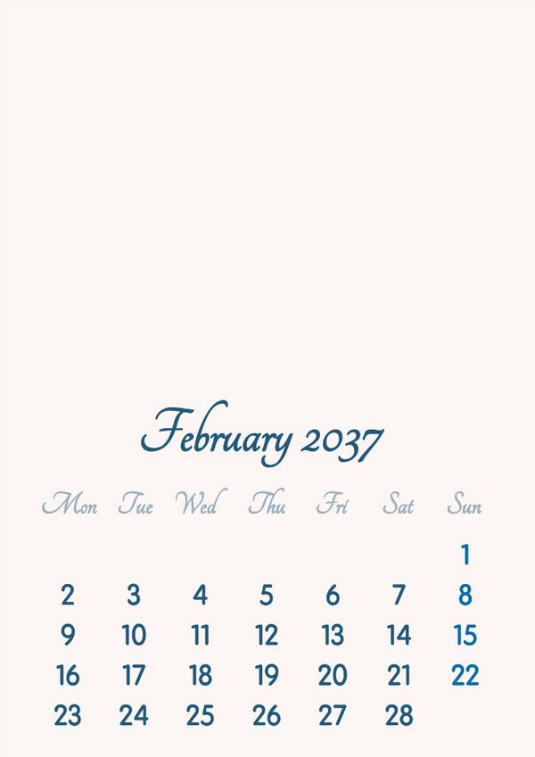 February 2037 // 2019 to 2046 // VIP Calendar // Basic Color // English Photo frame effect