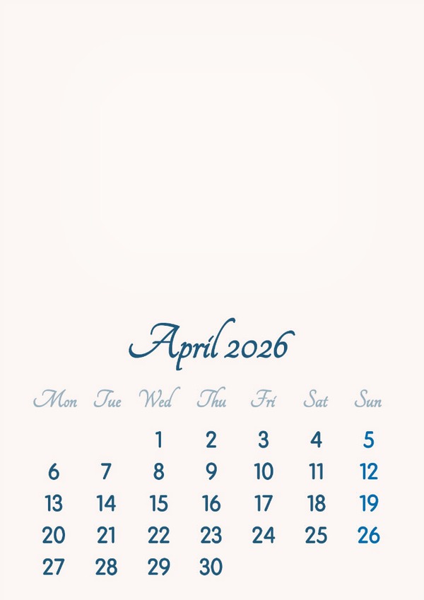 April 2026 // 2019 to 2046 // VIP Calendar // Basic Color // English Photo frame effect