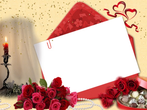 velada romántica, carta, ramo de rosas, bombones Montaje fotografico