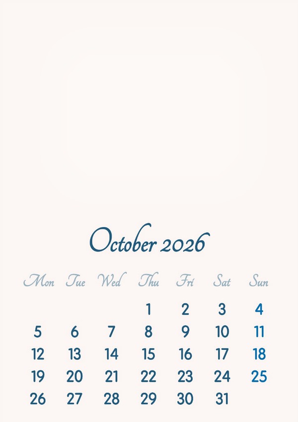 October 2026 // 2019 to 2046 // VIP Calendar // Basic Color // English Photomontage