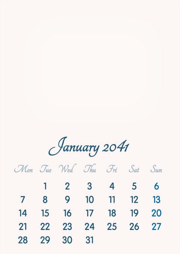 January 2041 // 2019 to 2046 // VIP Calendar // Basic Color // English Фотомонтажа