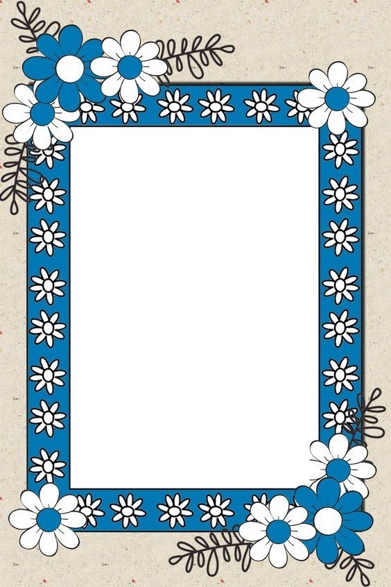 marco para una foto, flores azules y blancas. Montaje fotografico