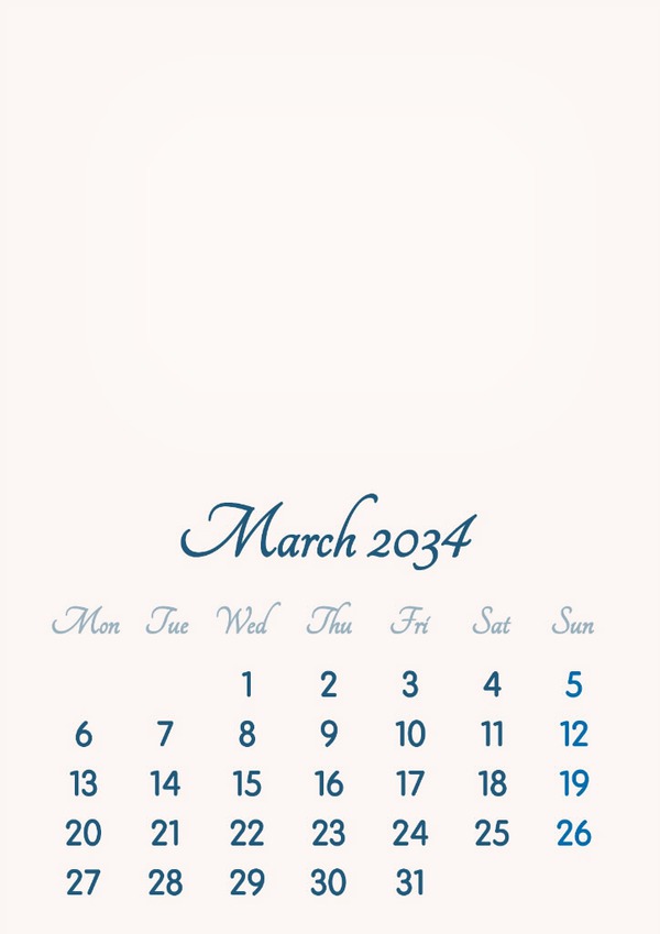 March 2034 // 2019 to 2046 // VIP Calendar // Basic Color // English Fotomontage
