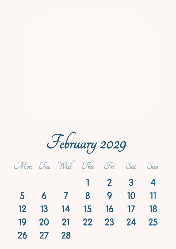 February 2029 // 2019 to 2046 // VIP Calendar // Basic Color // English Photo frame effect