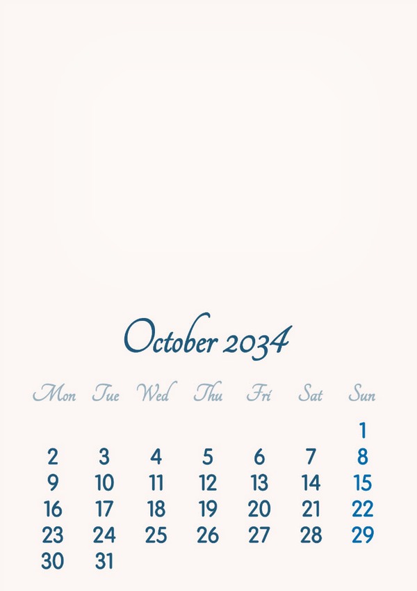 October 2034 // 2019 to 2046 // VIP Calendar // Basic Color // English Photo frame effect