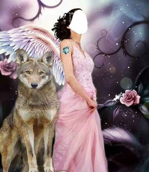 lobo gris y chica Fotomontaža