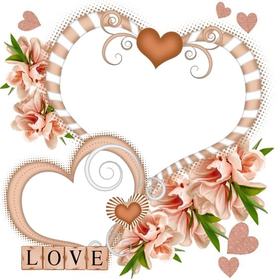 Love, corazones y flores rosadas. Photomontage