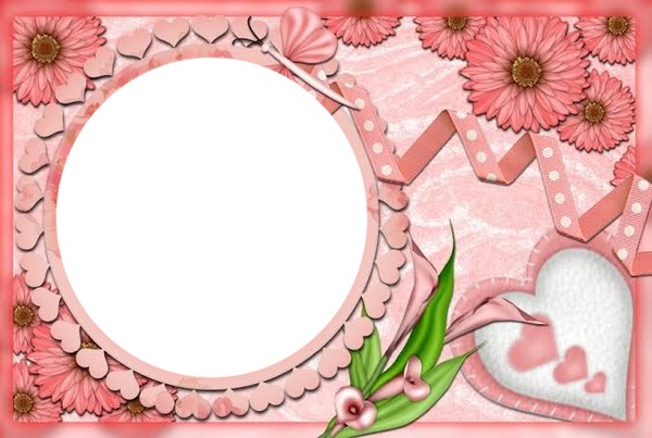 marco circular, corazones y flores rosados. Fotomontáž