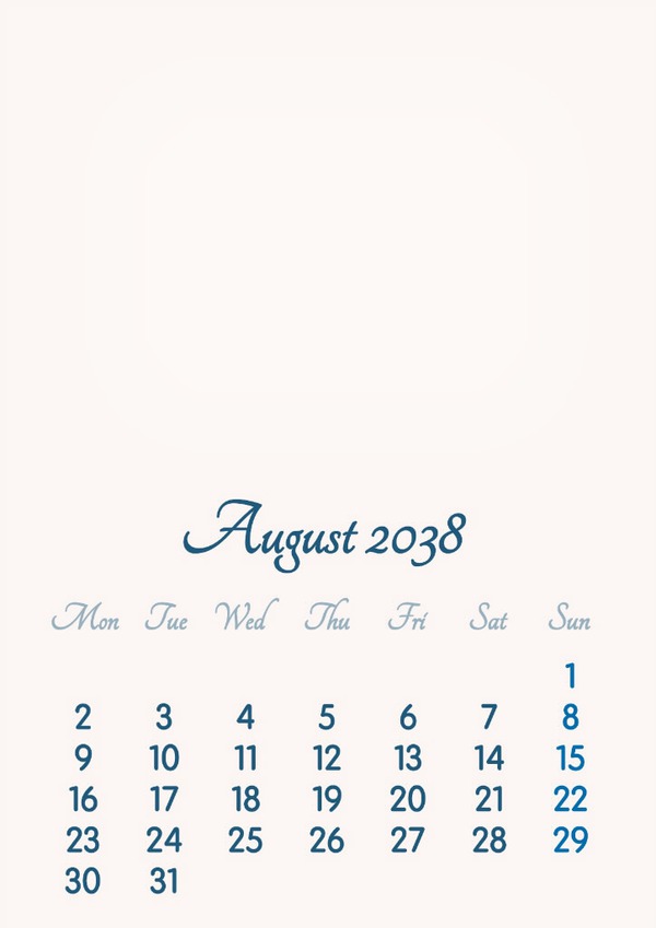 August 2038 // 2019 to 2046 // VIP Calendar // Basic Color // English Fotomontage