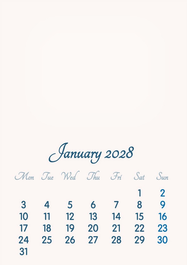 January 2028 // 2019 to 2046 // VIP Calendar // Basic Color // English Photo frame effect