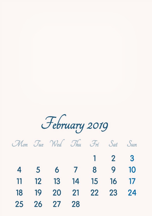 February 2019 // 2019 to 2046 // VIP Calendar // Basic Color // English Photo frame effect
