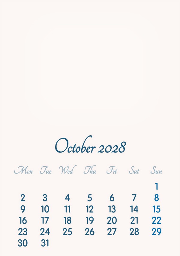 October 2028 // 2019 to 2046 // VIP Calendar // Basic Color // English Fotomontage