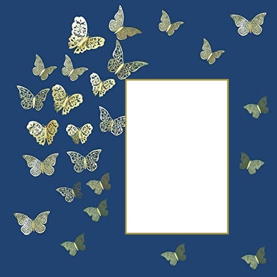 marco y mariposas doradas, fondo azul Fotomontaż