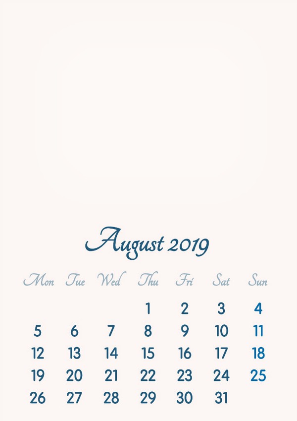 August 2019 // 2019 to 2046 // VIP Calendar // Basic Color // English Fotoğraf editörü