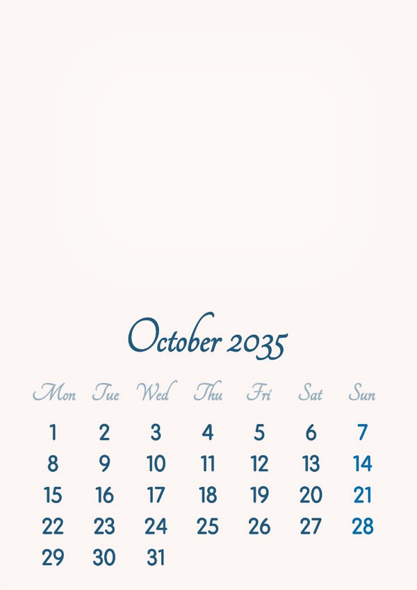 October 2035 // 2019 to 2046 // VIP Calendar // Basic Color // English Photo frame effect