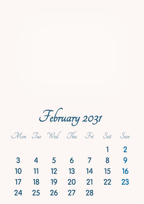 February 2031 // 2019 to 2046 // VIP Calendar // Basic Color // English Fotomontaža