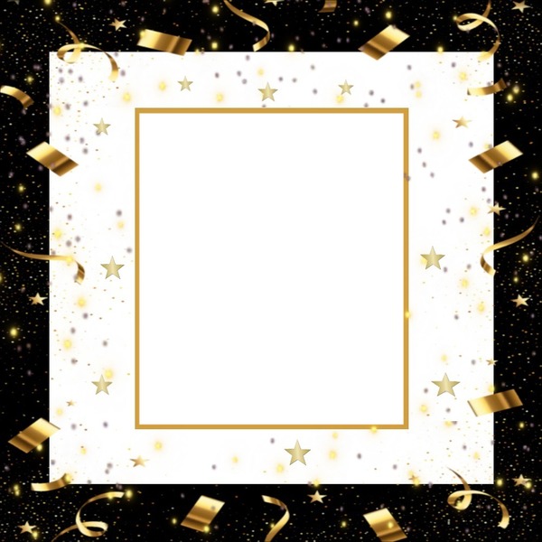 marco negro, festivo, confetis y estrellas doradas. Photomontage