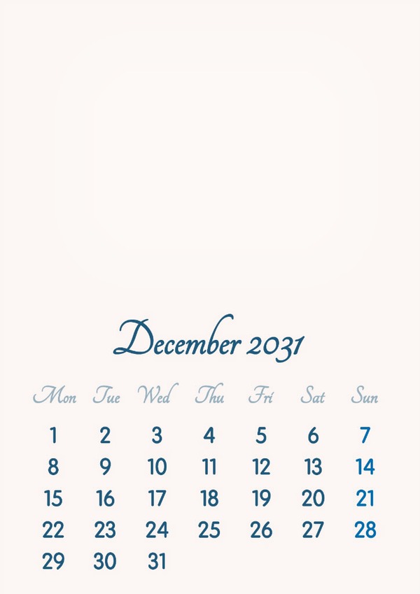 December 2031 // 2019 to 2046 // VIP Calendar // Basic Color // English Montaje fotografico