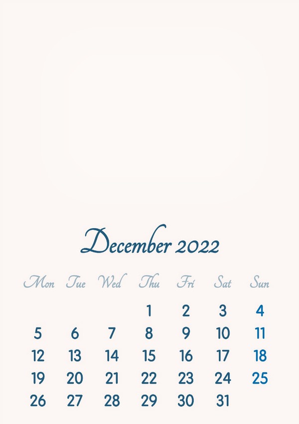 December 2022 // 2019 to 2046 // VIP Calendar // Basic Color // English Photo frame effect