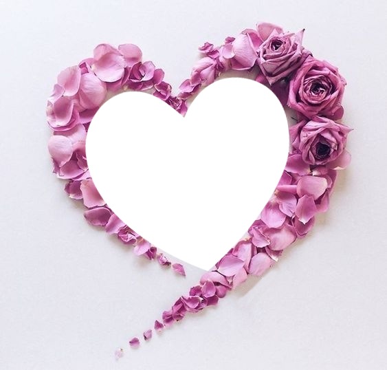 corazón, corona de rosas y pétalos lila. Fotomontaggio